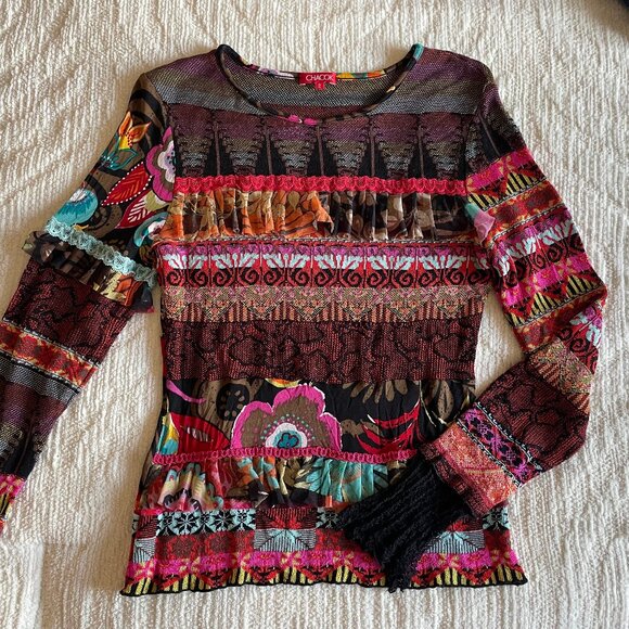 CHACOK French 90s Y2K Mixed Floral Print Mesh & Ruffle Knit Top - Picture 4 of 9